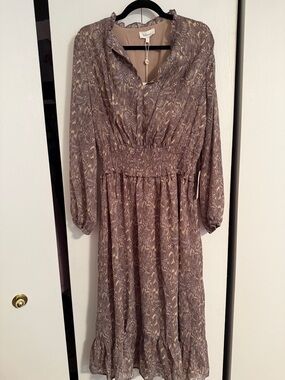 bohme Taupe Printed Long-Sleeve Smocked Midi Dress